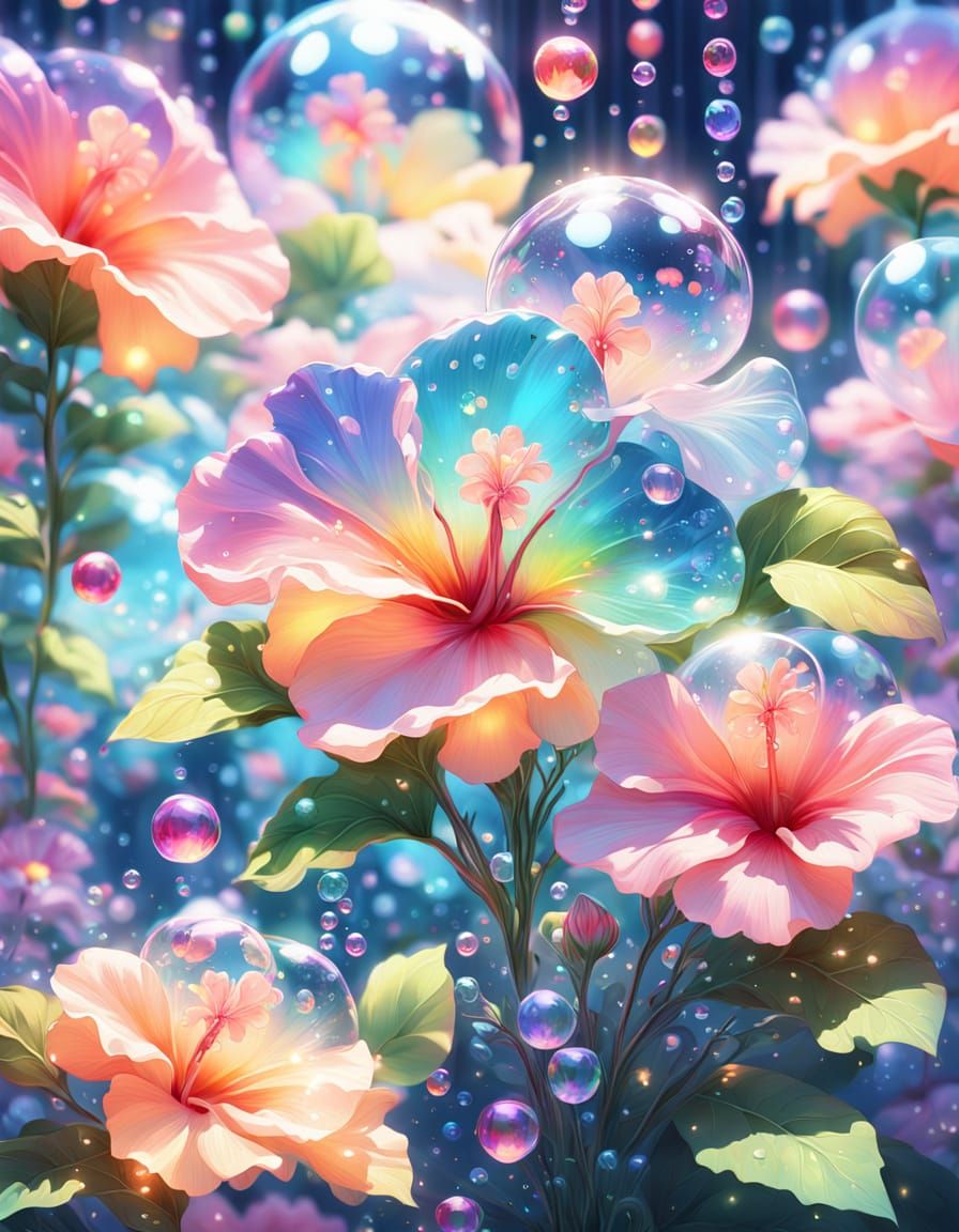 Crystal Hibiscus Flowers in Bubbles: Surreal Digital Art