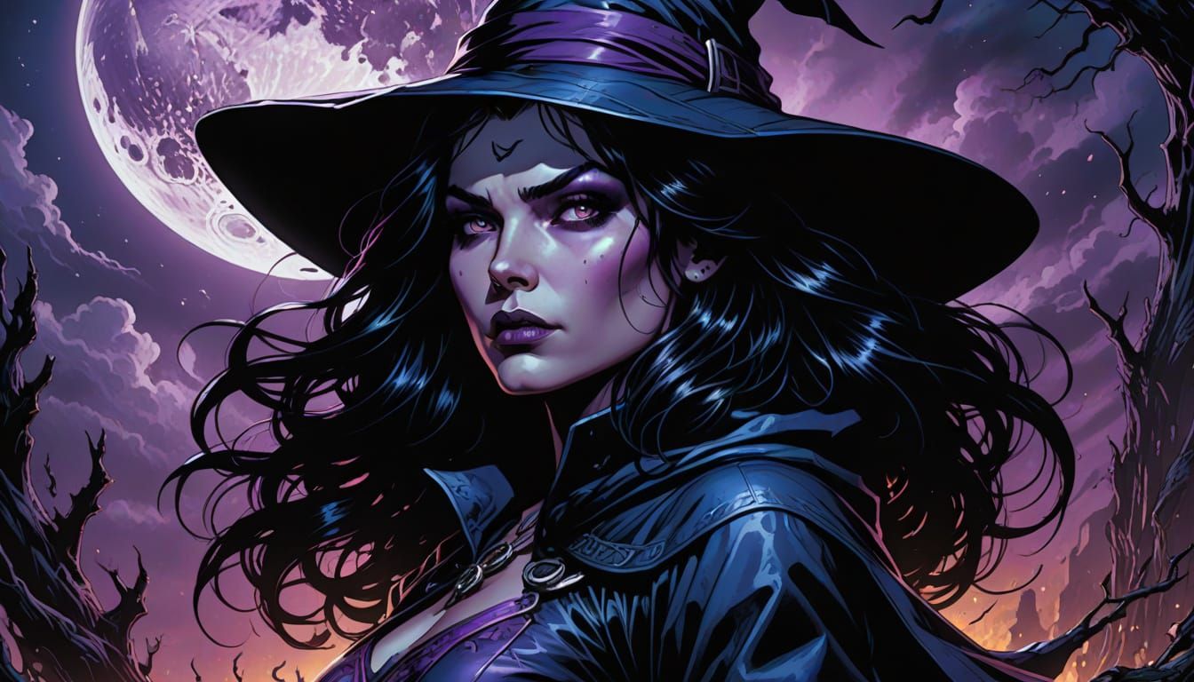 Striking Comic Book Witch Portrait in Bold Colors