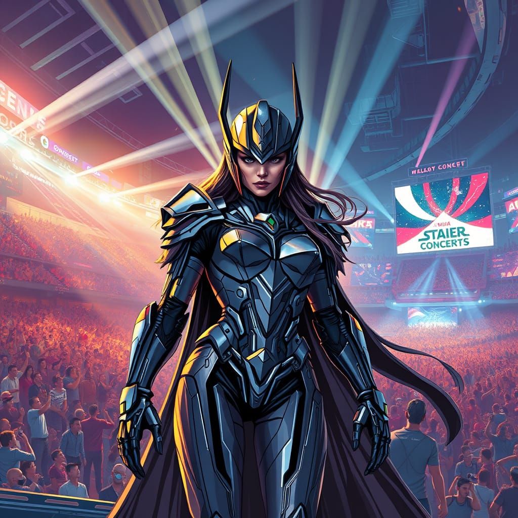 Cyborg Queen Commands Futuristic Arena in Sci-Fi Style