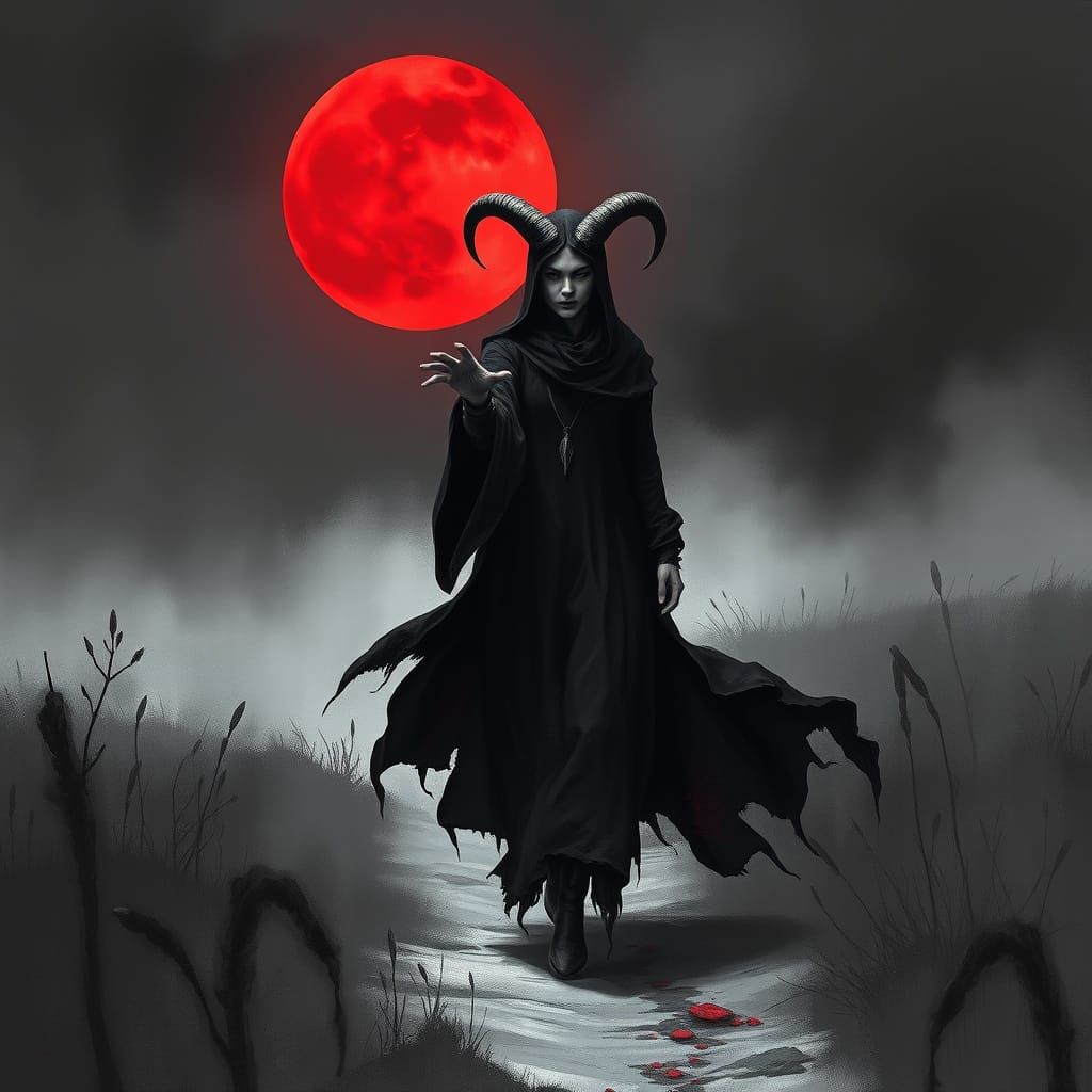 Misty Moor Witch Under Red Moon in Black and White