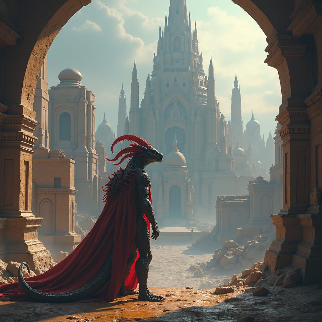 Reptilian Beings in Ancient Extraterrestrial Cityscape