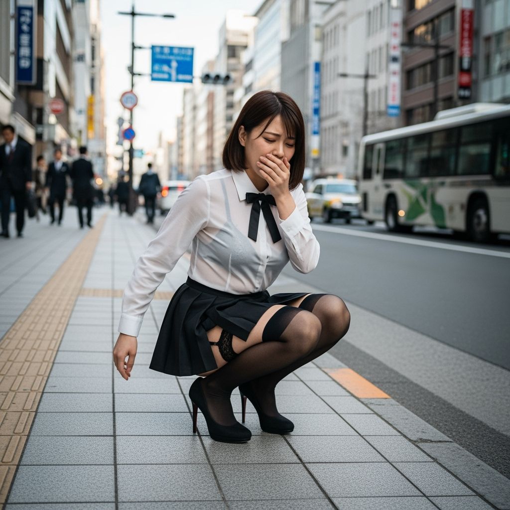 Woman Crouches in Sapporo Sidewalk Morning Rush