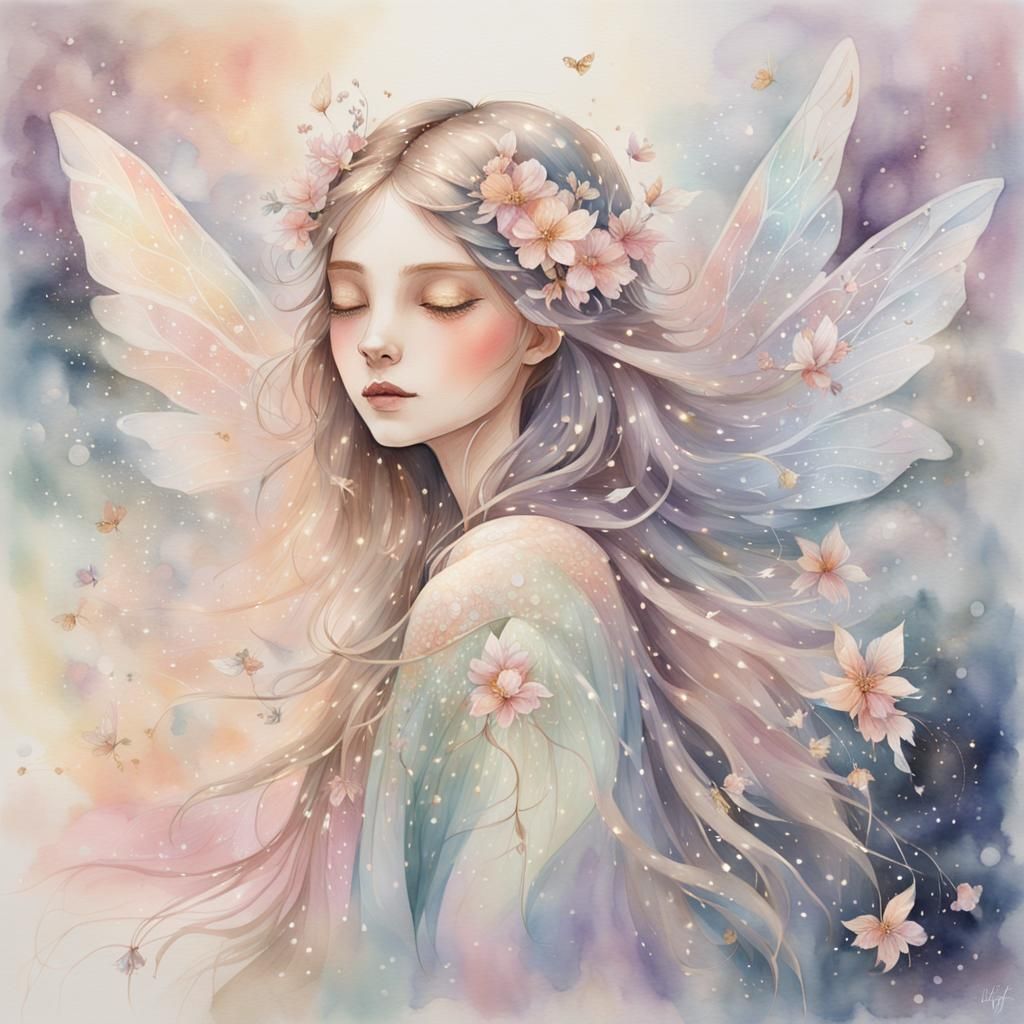Fairy with delicate wings shimmering in hues of white, pink,...