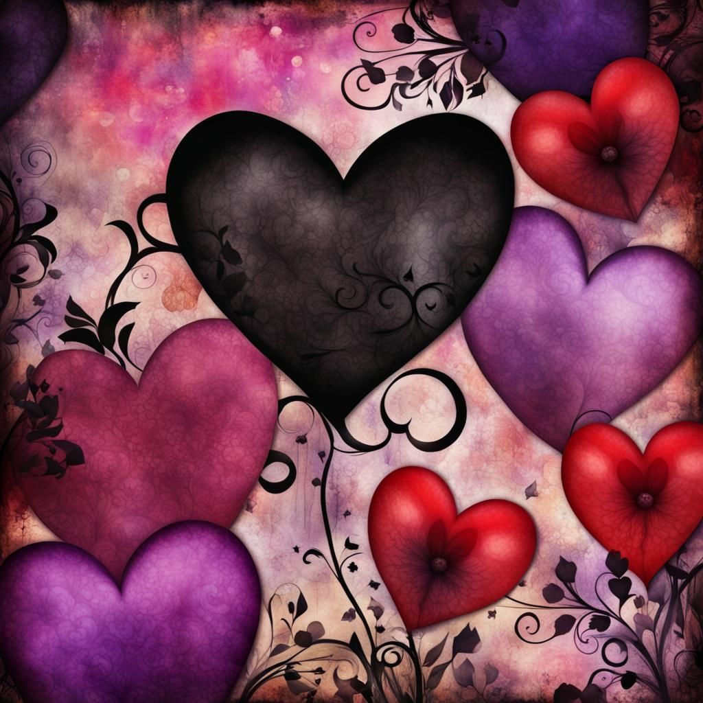 Romantic Gothic Hearts on Floral Scrapbook Paper