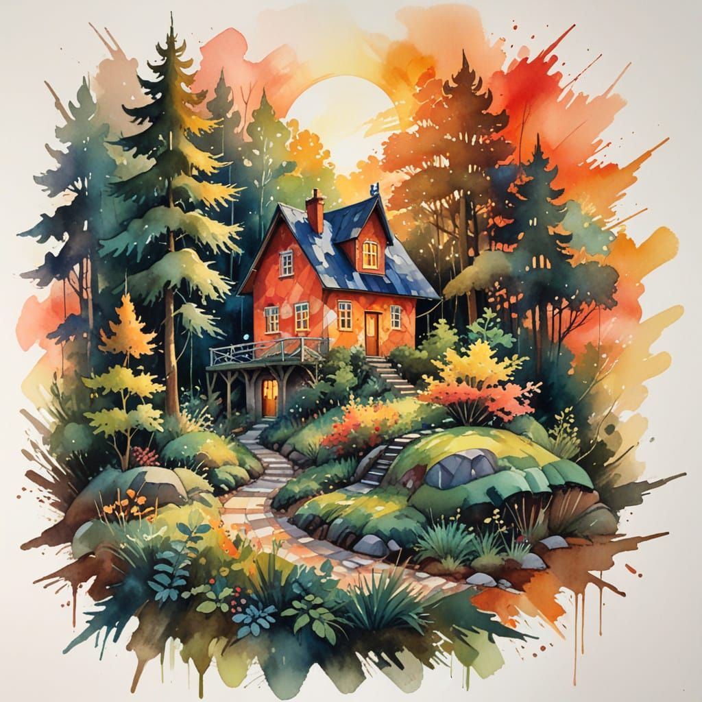 Whimsical Cottage in Woods, Fervent Watercolour Style