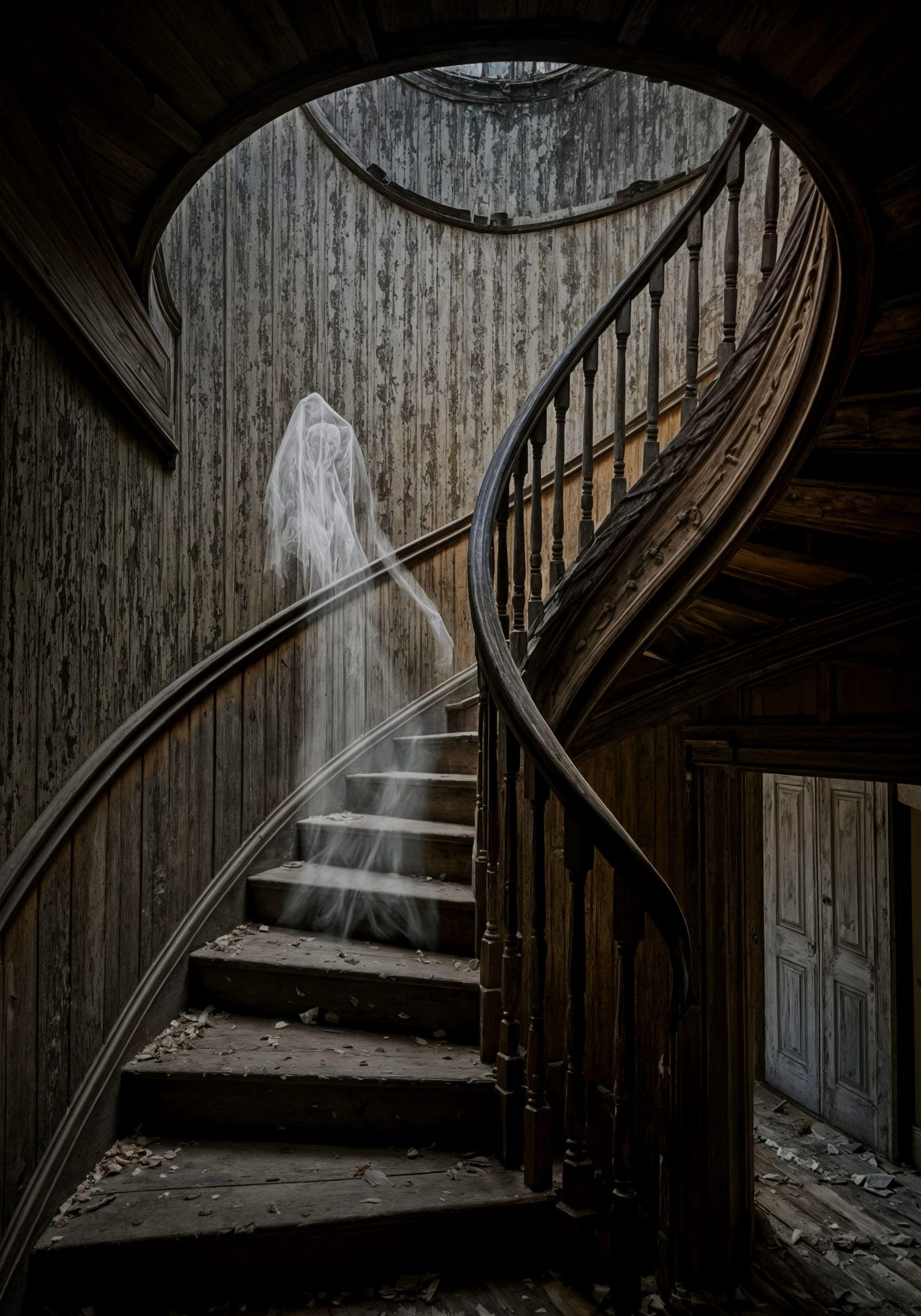 Banshee Haunts Dilapidated Staircase in Old House
