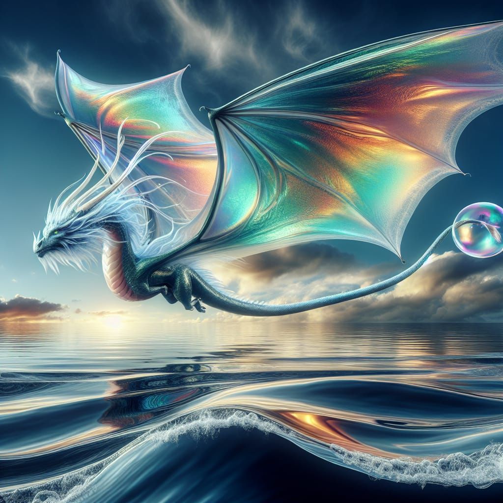 Iridescent Dragon Soaring Over the Sea