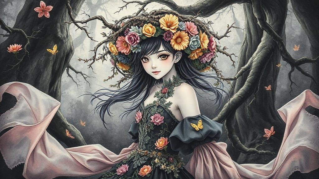 Young Woman in Enchanted Forest with Floral Crown