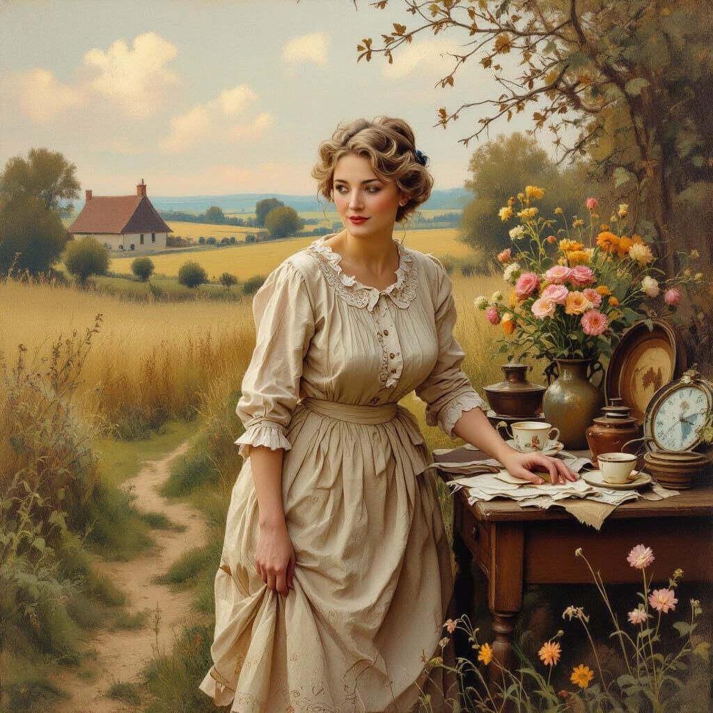 Nostalgic Woman in Impressionist Countryside