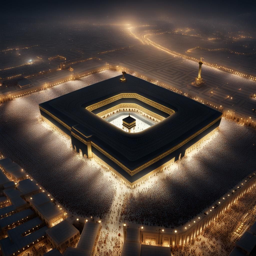 Kaaba Hajj Pilgrimage at Night in Aerial View