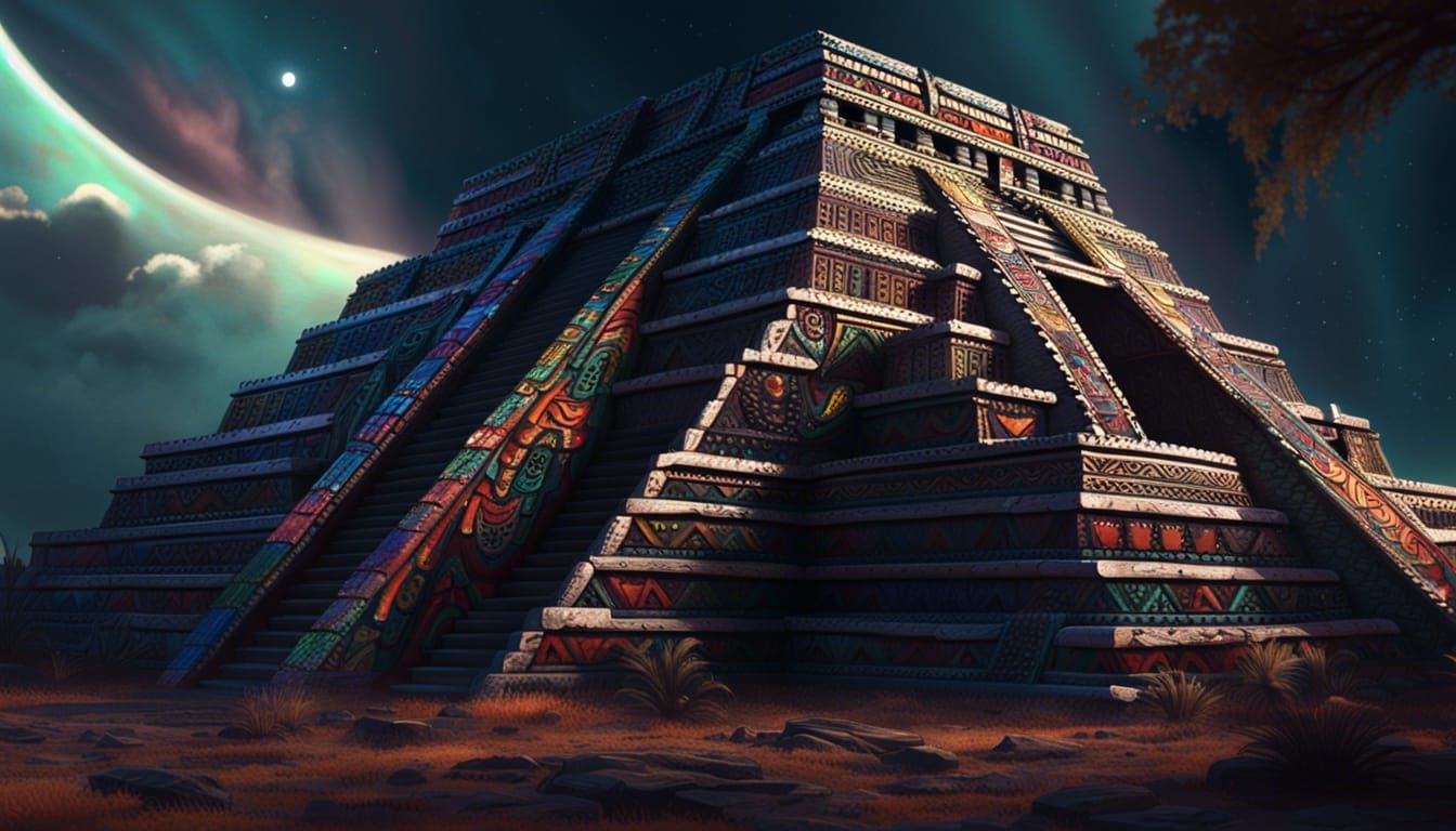 Detailed Aztec Temple Painting in Film Noir Style