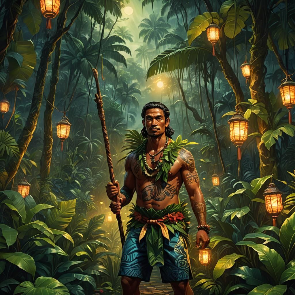 Hawaiian Kahuna in Jungle, Polynesian Digital Art