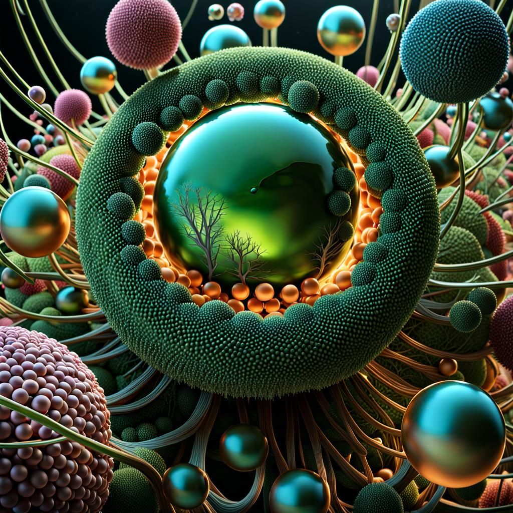 Cell Surrounded by Spheres: Cinematic Digital Art