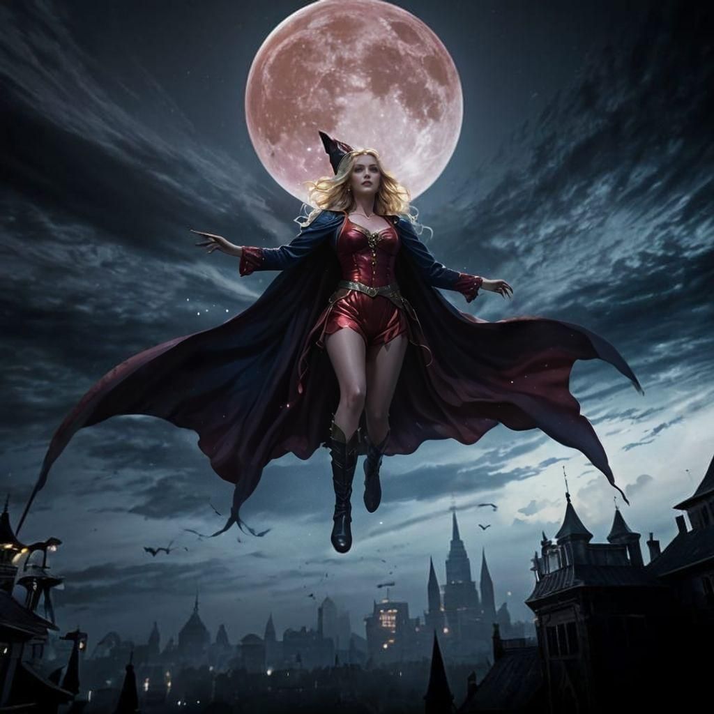 Golden-haired witch with brown eyes and wearing a red bathing suit and jean shorts. She floats on a magical breeze, jewe...