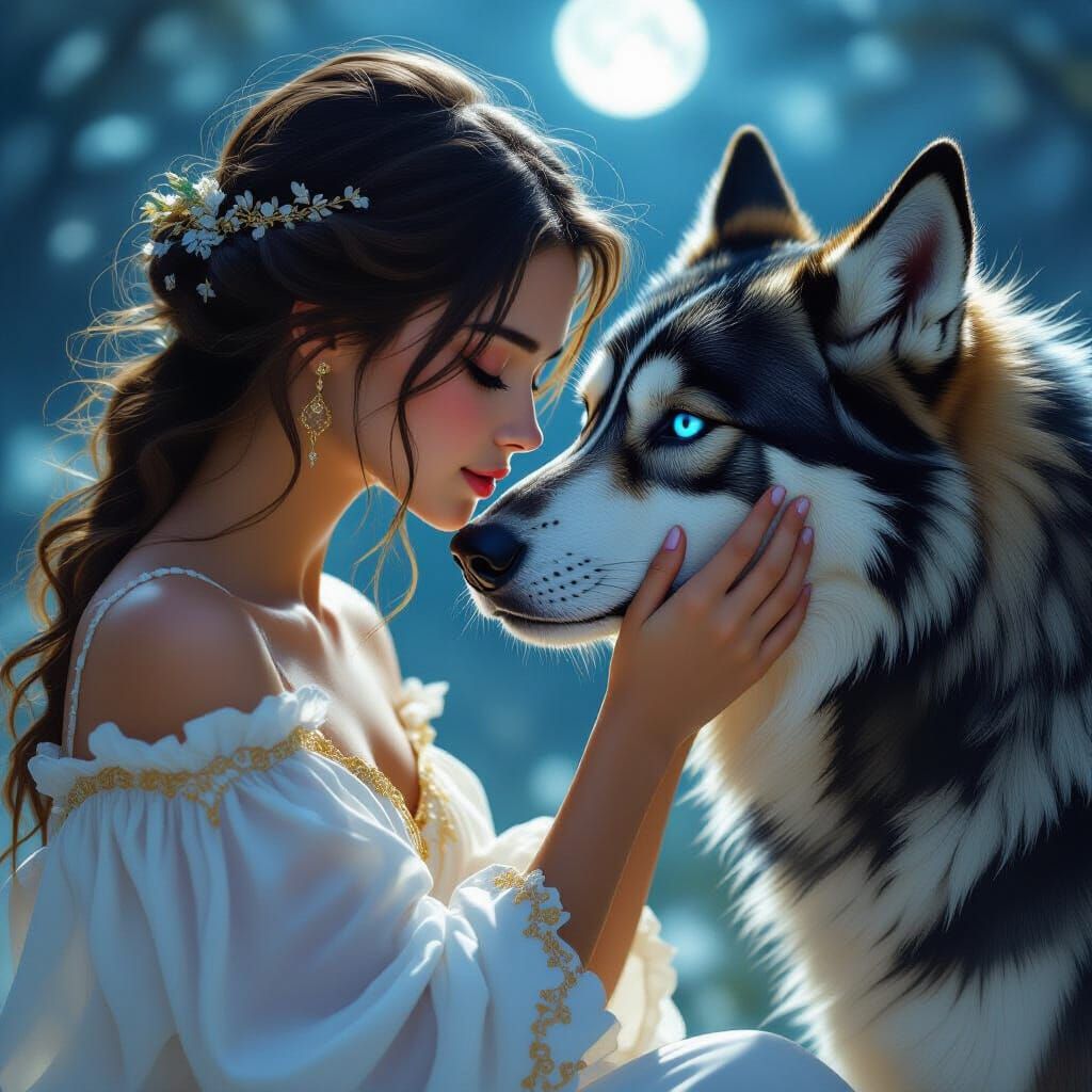 Girl and Hellhound Embrace under Moonlight