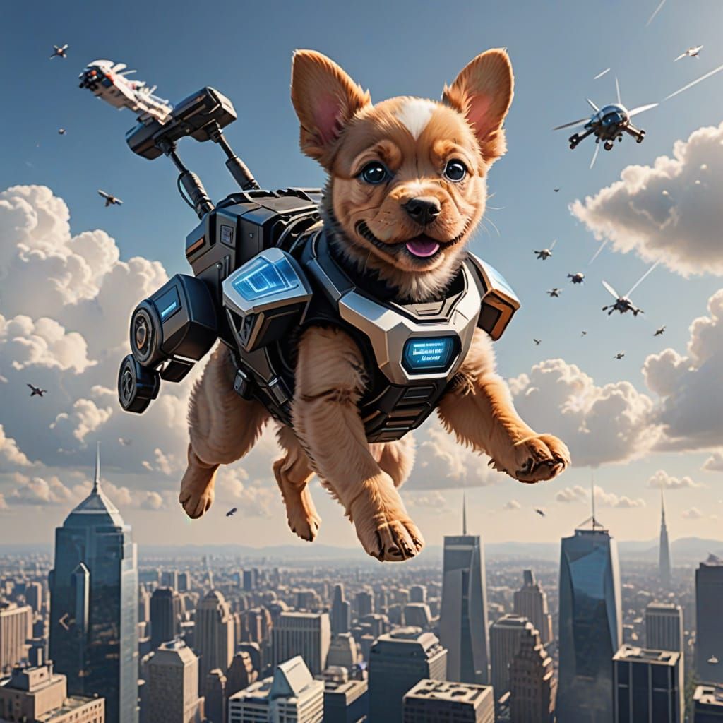 Futuristic Puppy Soars with Jetpack in Afternoon Sky