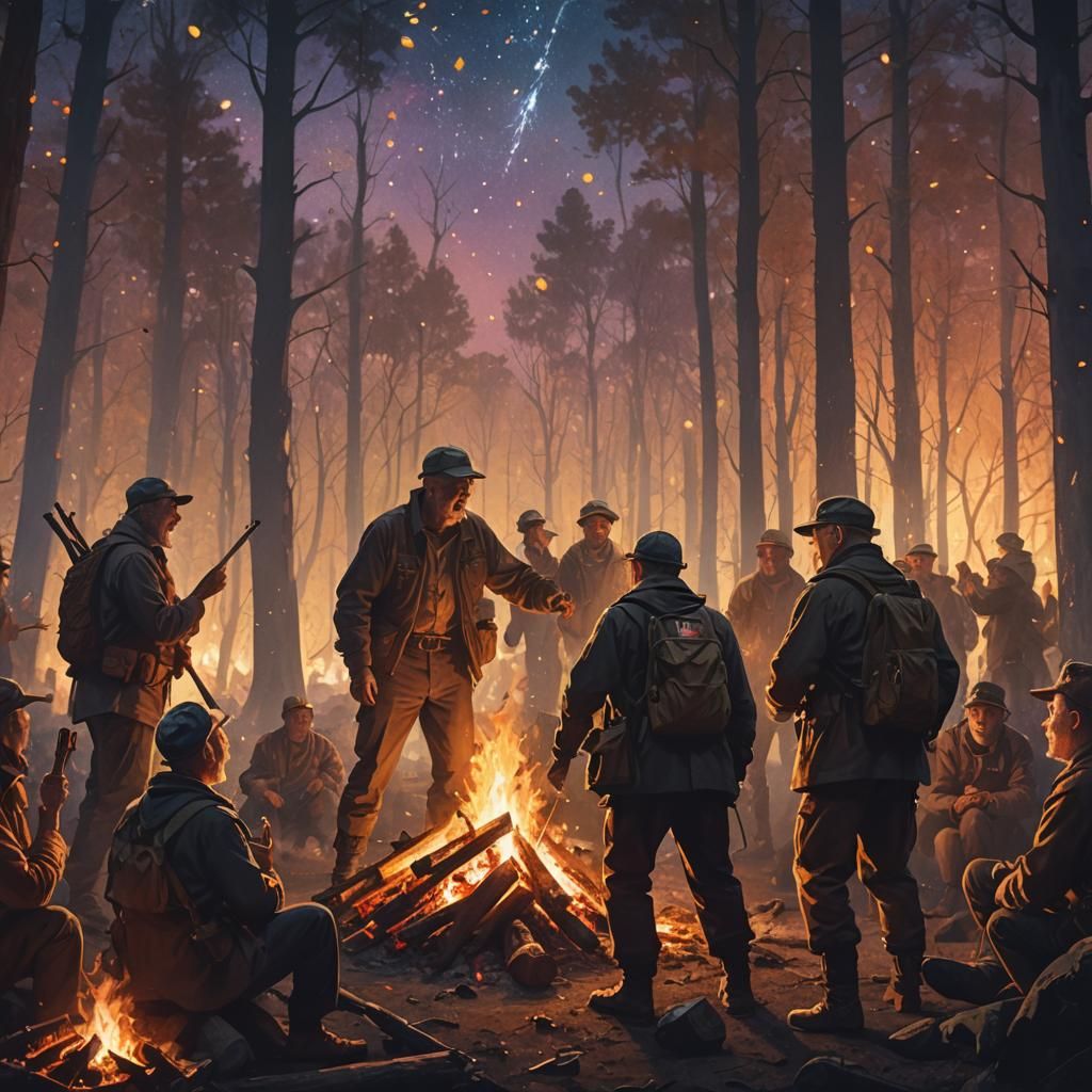 War Veterans Celebrate Around Bonfire at Night