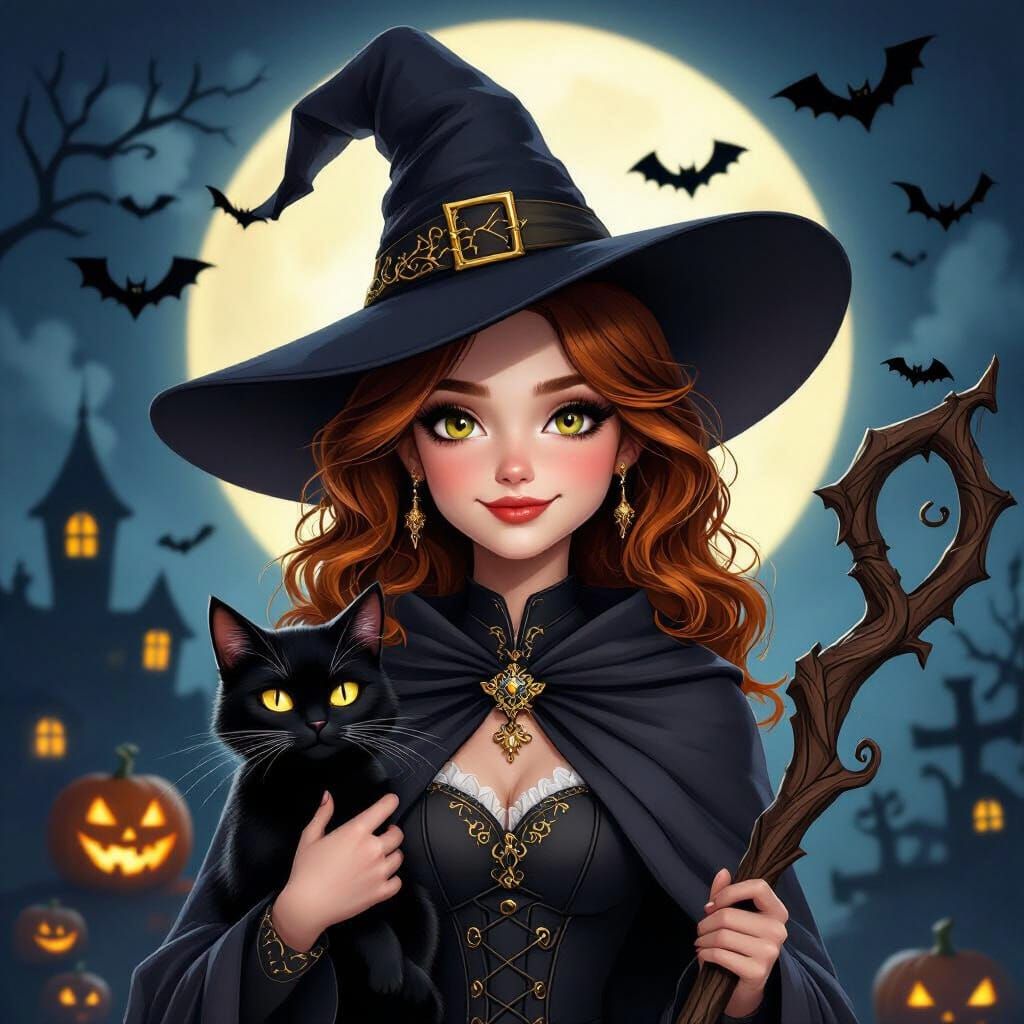 Young Witch with Black Cat and Halloween Scene