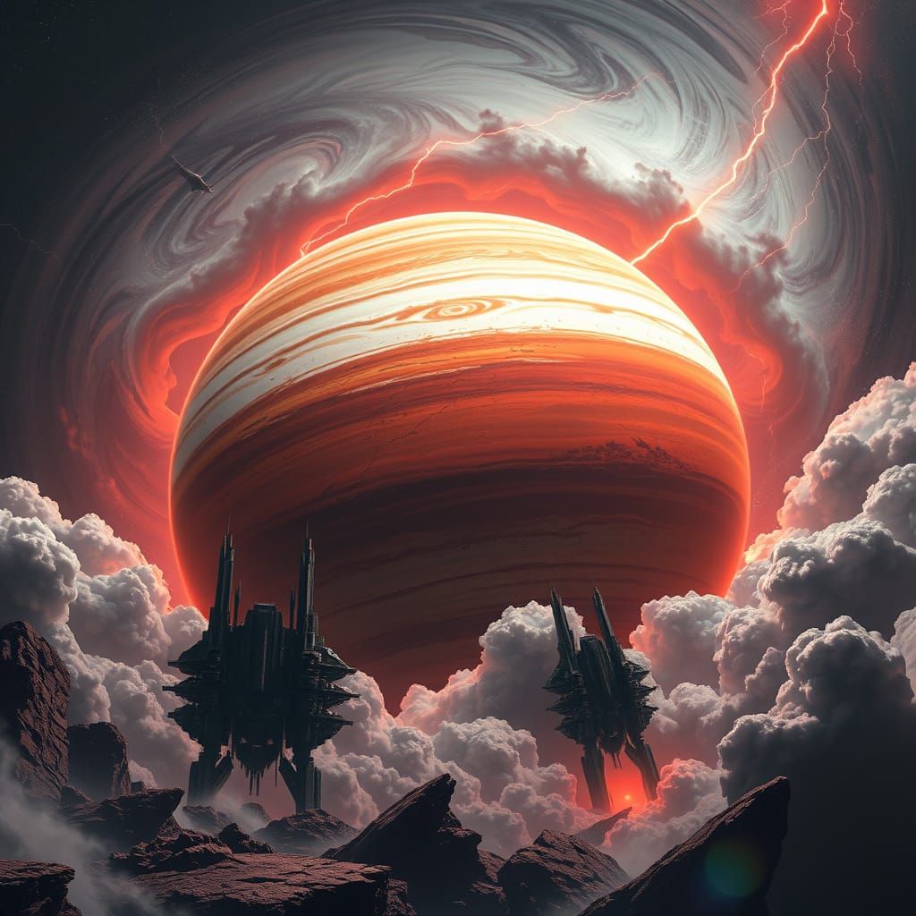 Gas Giant Planet with Red Continents and Iridescent Clouds
