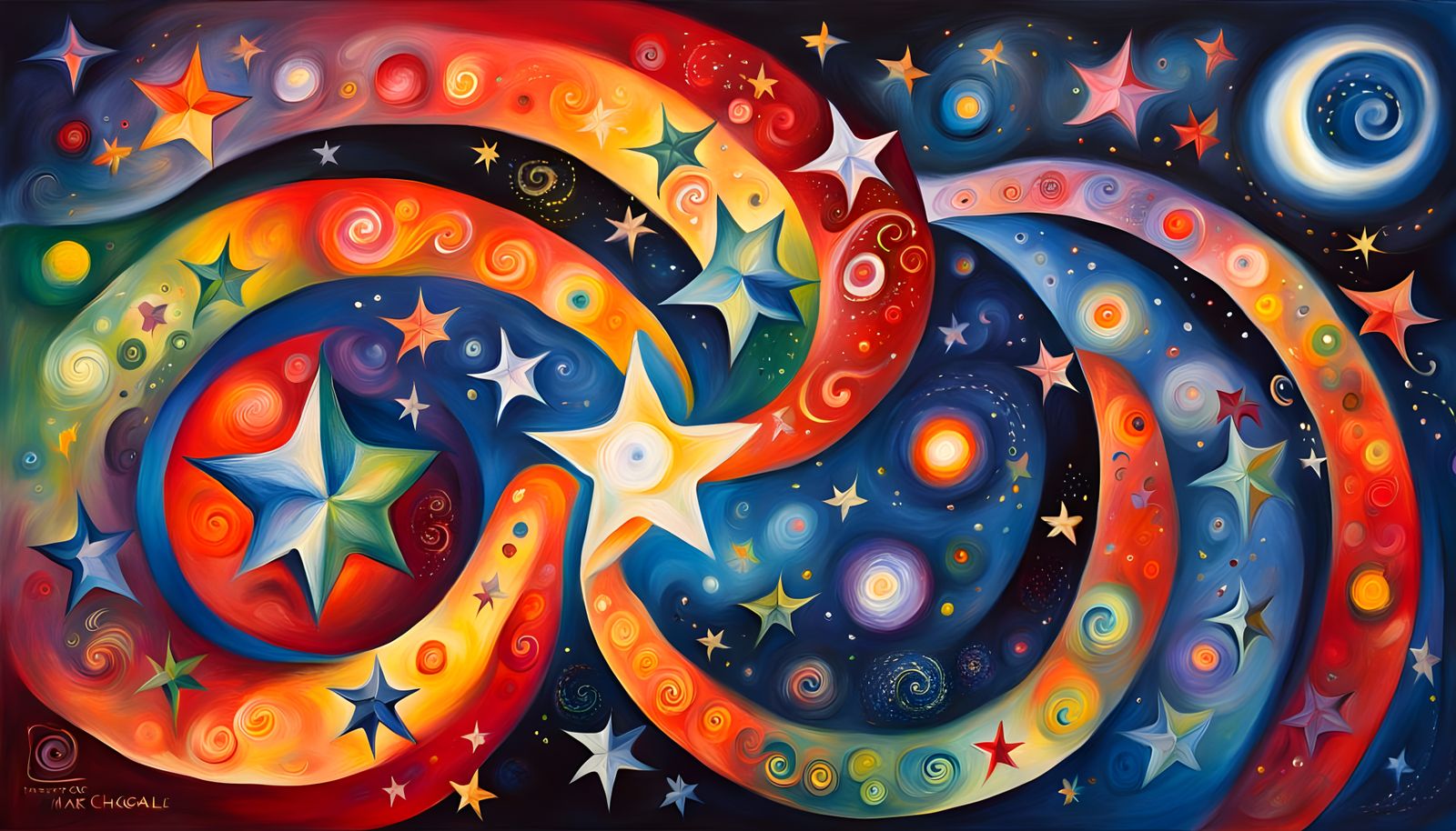 Whimsical Starry Night in Vibrant Oil Paints