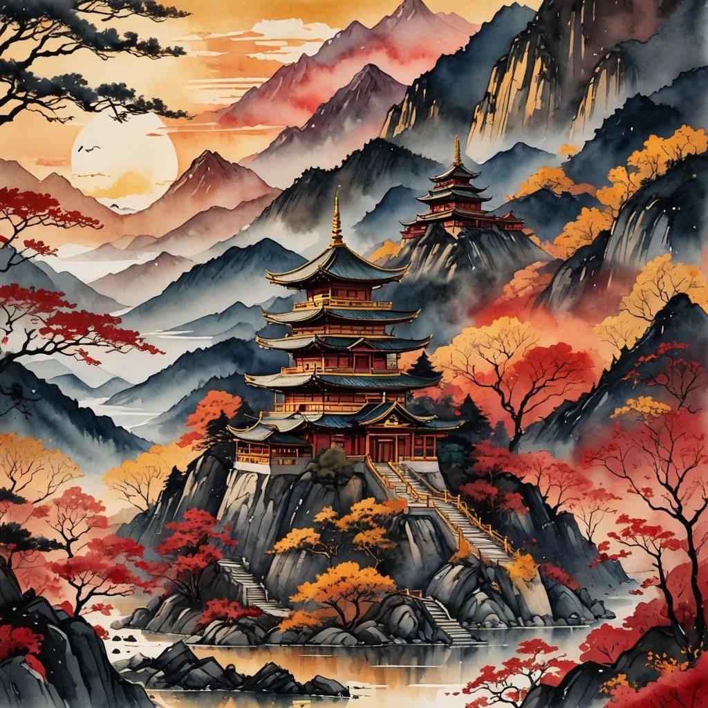 Pagoda Sunset: Watercolor and Ink Illustration with Gold Acc...