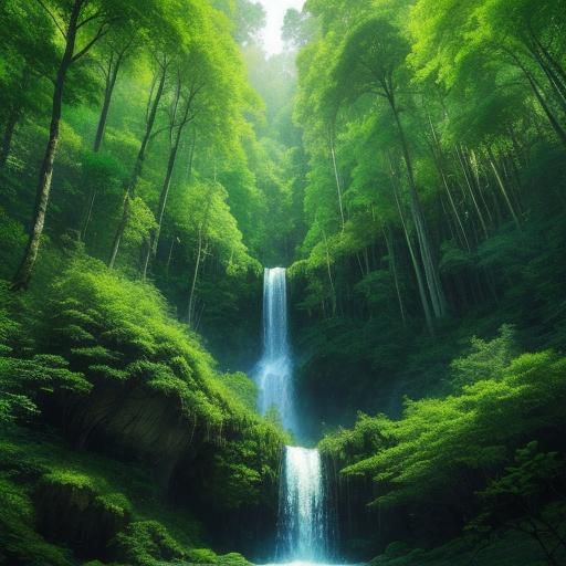 Fairy Tale Forest Scene with Waterfall in HDR