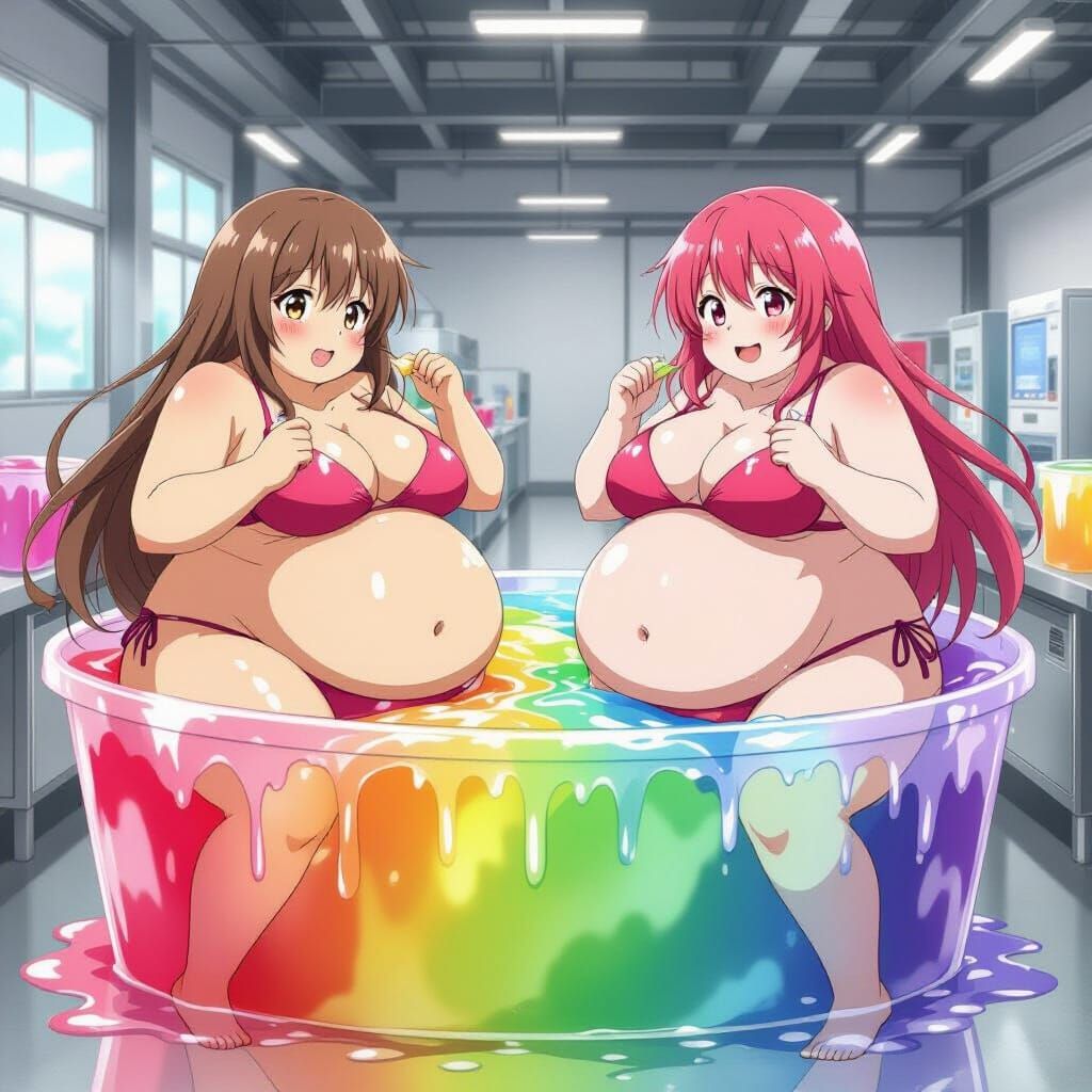 Anime Girls Covered in Jell-O in Factory Scene