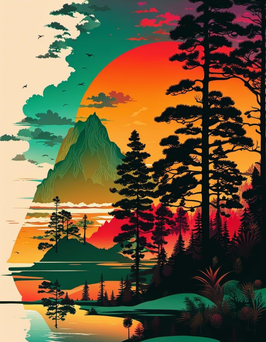 Psychedelic Sunset Pine Forest: Dreamlike Digital Art