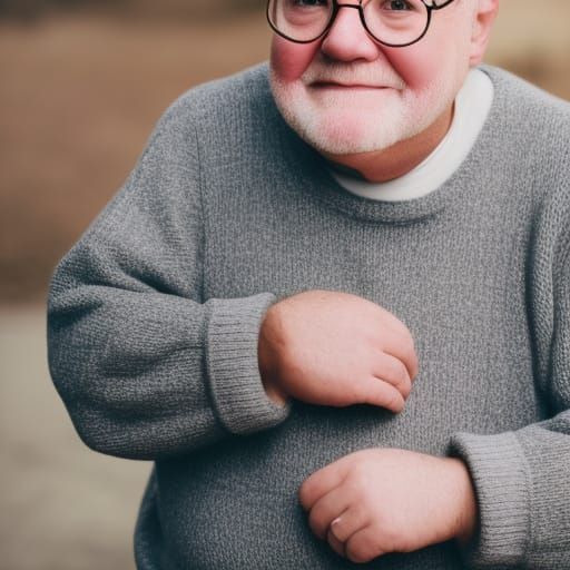 an very old fat guy in a grey sweater with white hair and glasses.