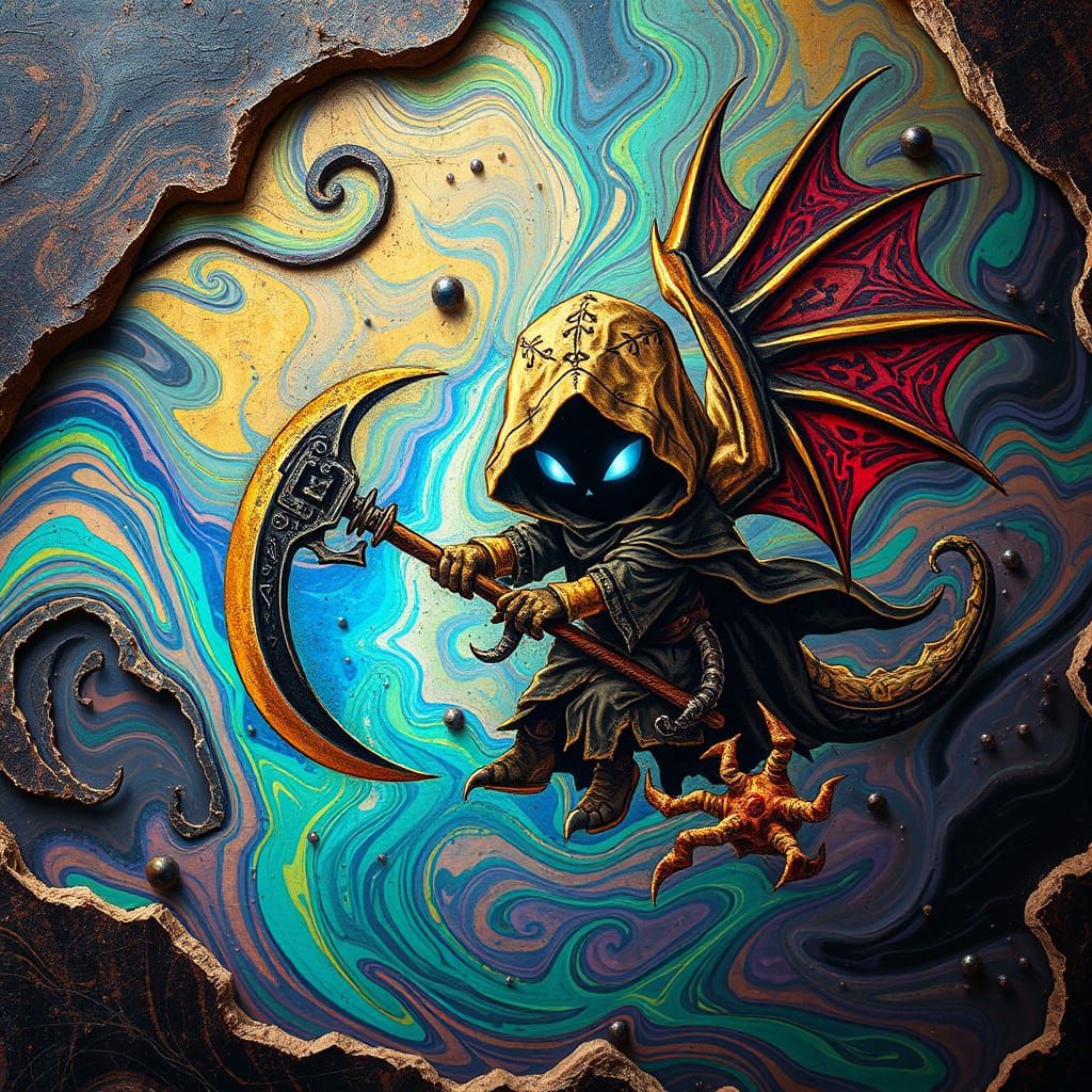 Gilded Death with Dragon Wings in Psychedelic Mural