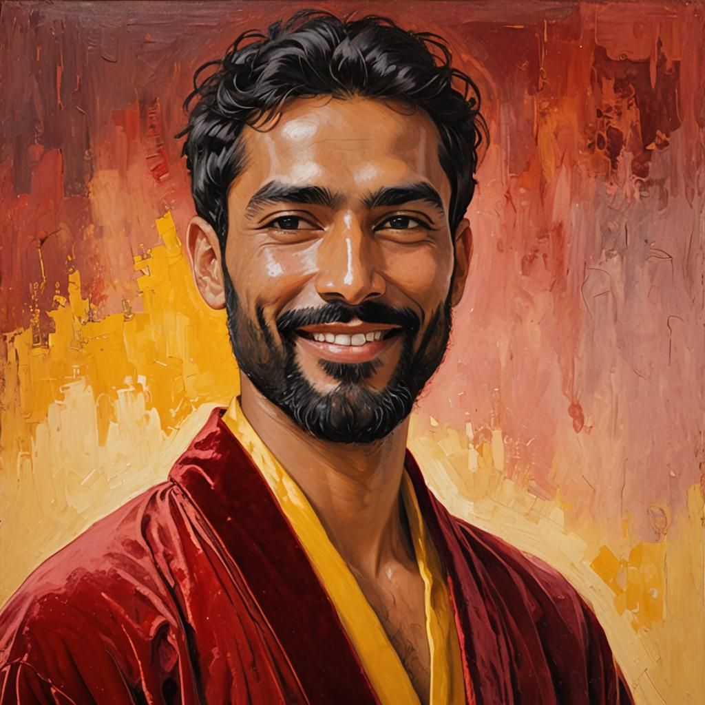 Smiling Man in Velvet Robes, Impasto Oil Painting