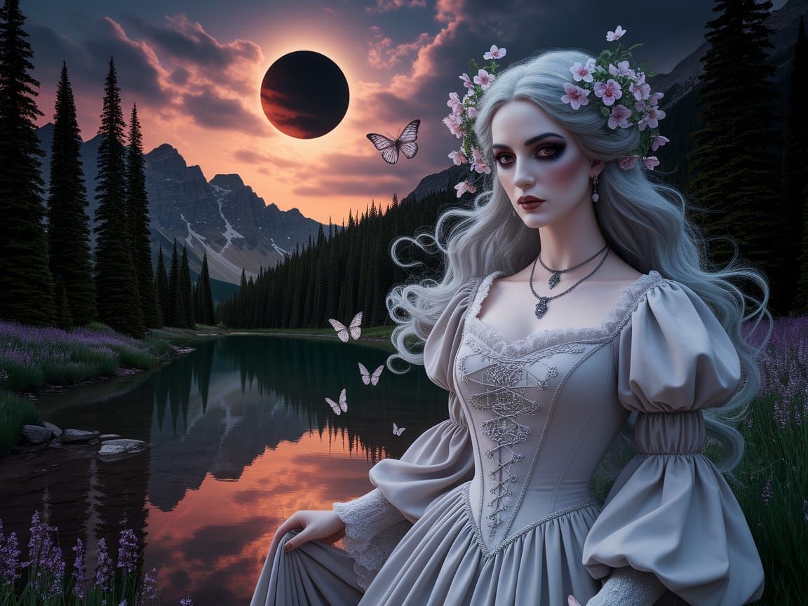 Gothic Woman in Ethereal Sunset Glow