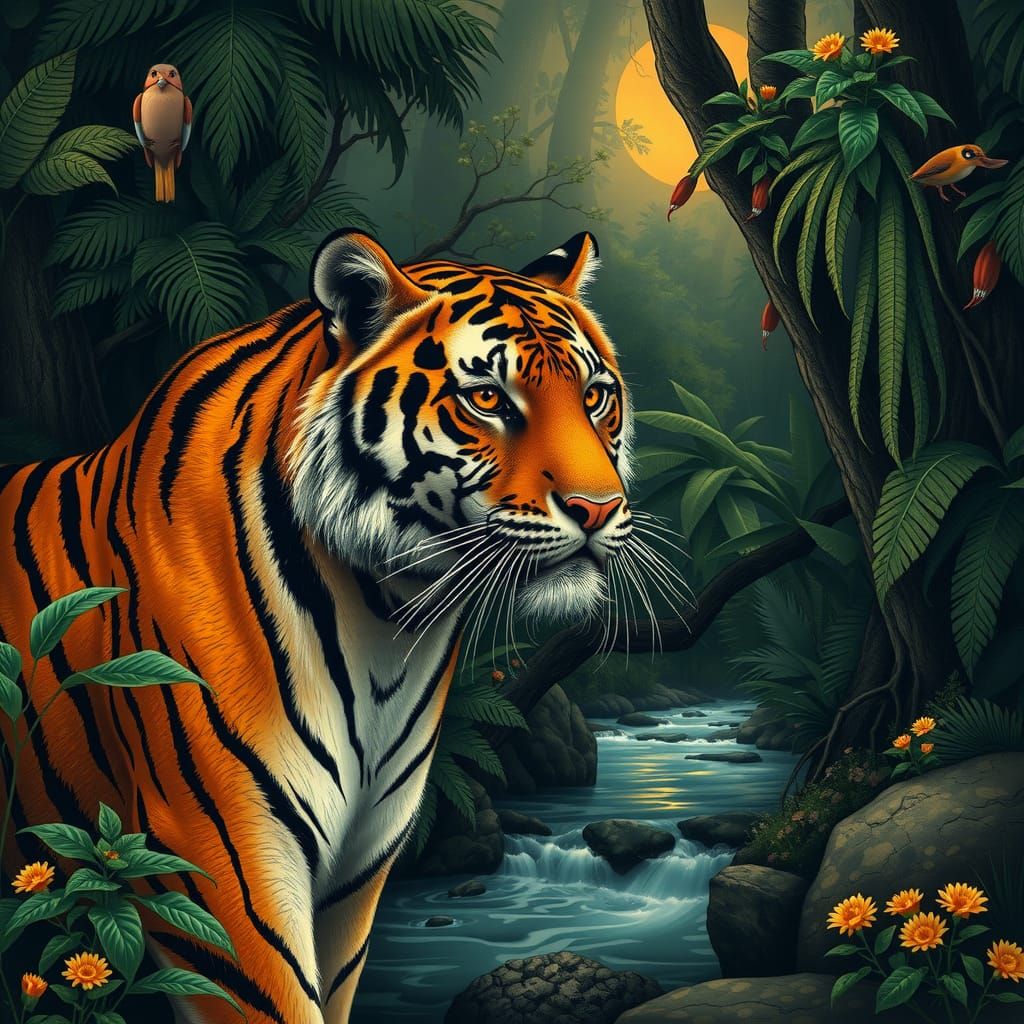 Romantic Rainforest Tiger in Hyperrealistic Style