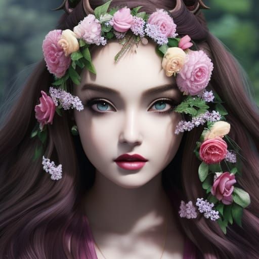 Anime-Style Painting of a Woman with Flowers