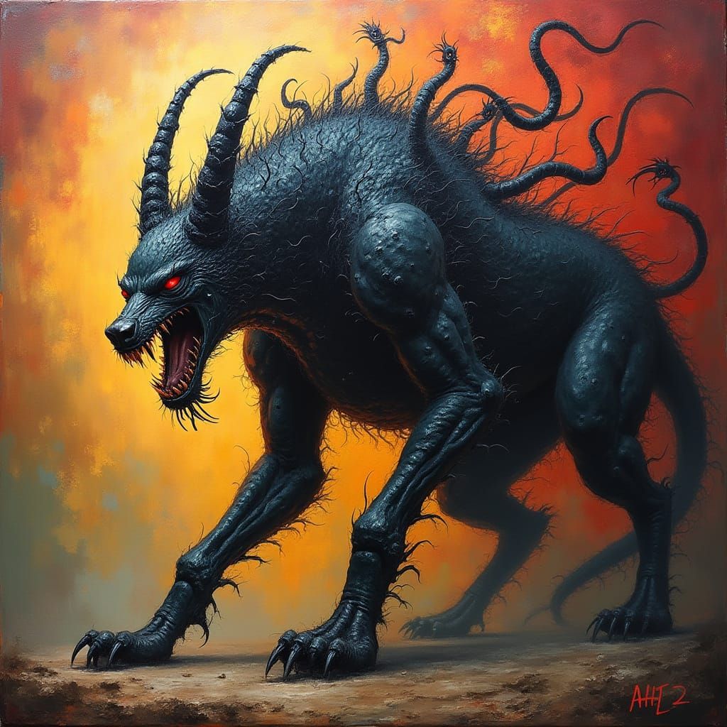 Epic Cerberus Hellhound Painting in Expressionist Style