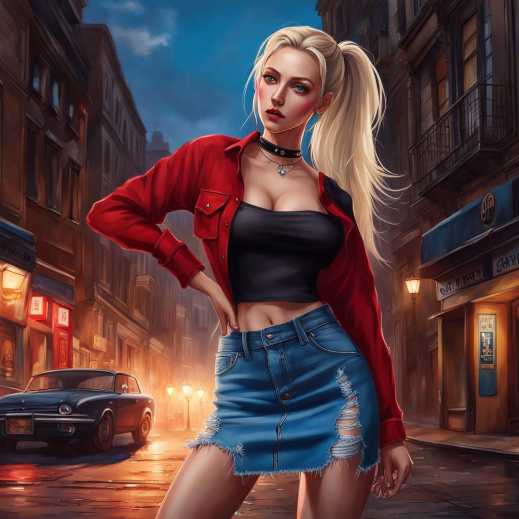 Blonde Woman in Red Blouse on City Street