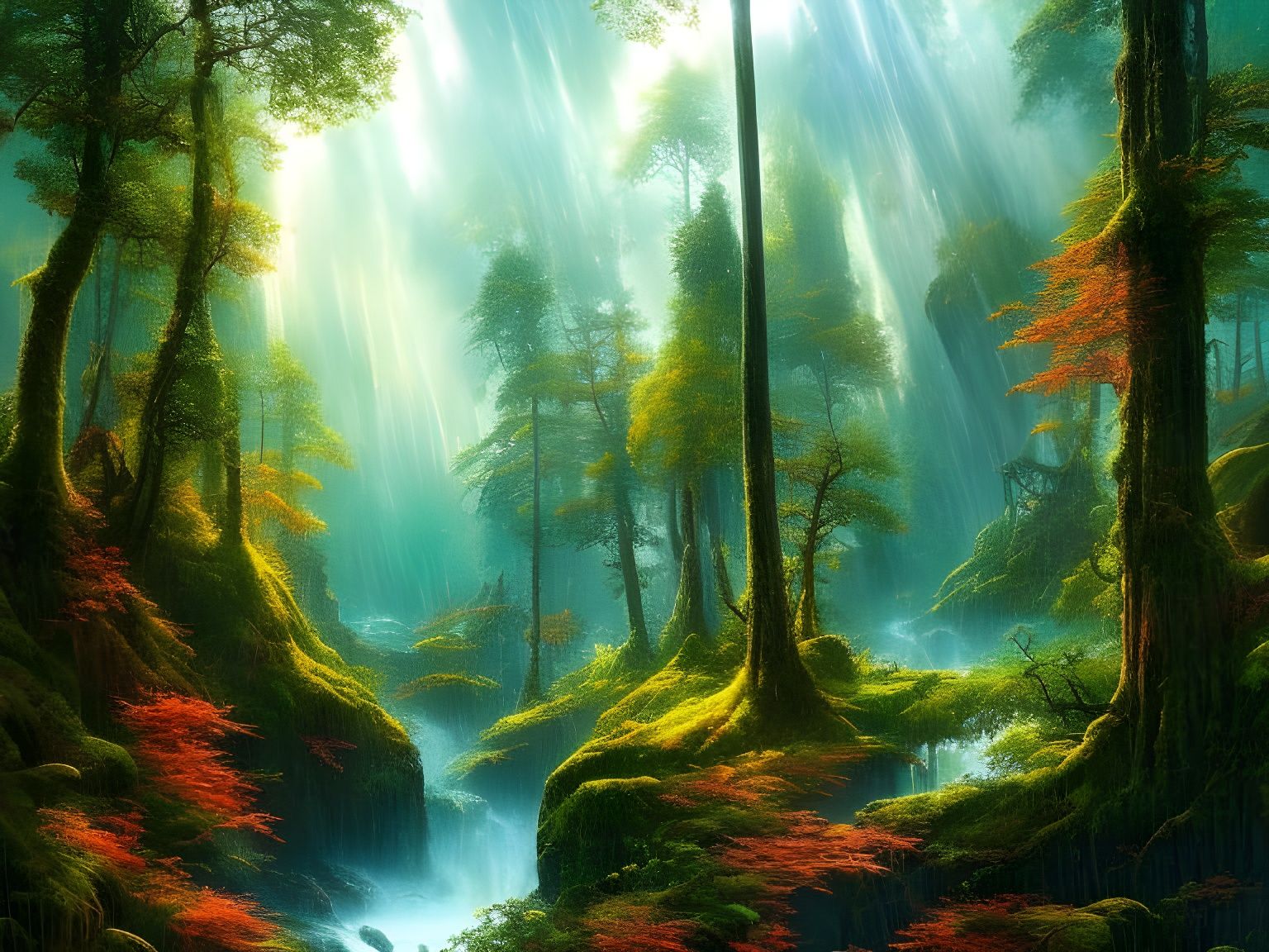 Misty Rainstorm Forest with Dappled Sunlight