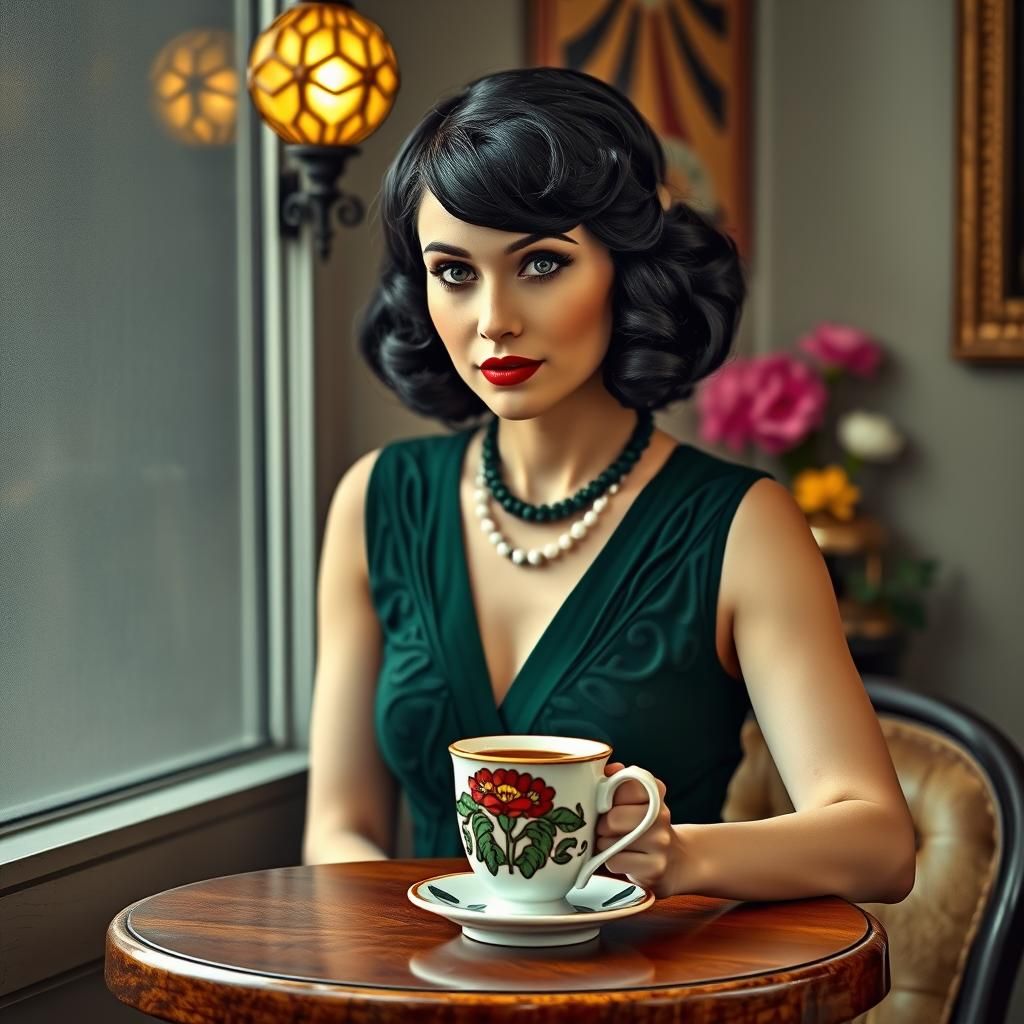 Charleston Woman Having Coffee in Art Deco Style