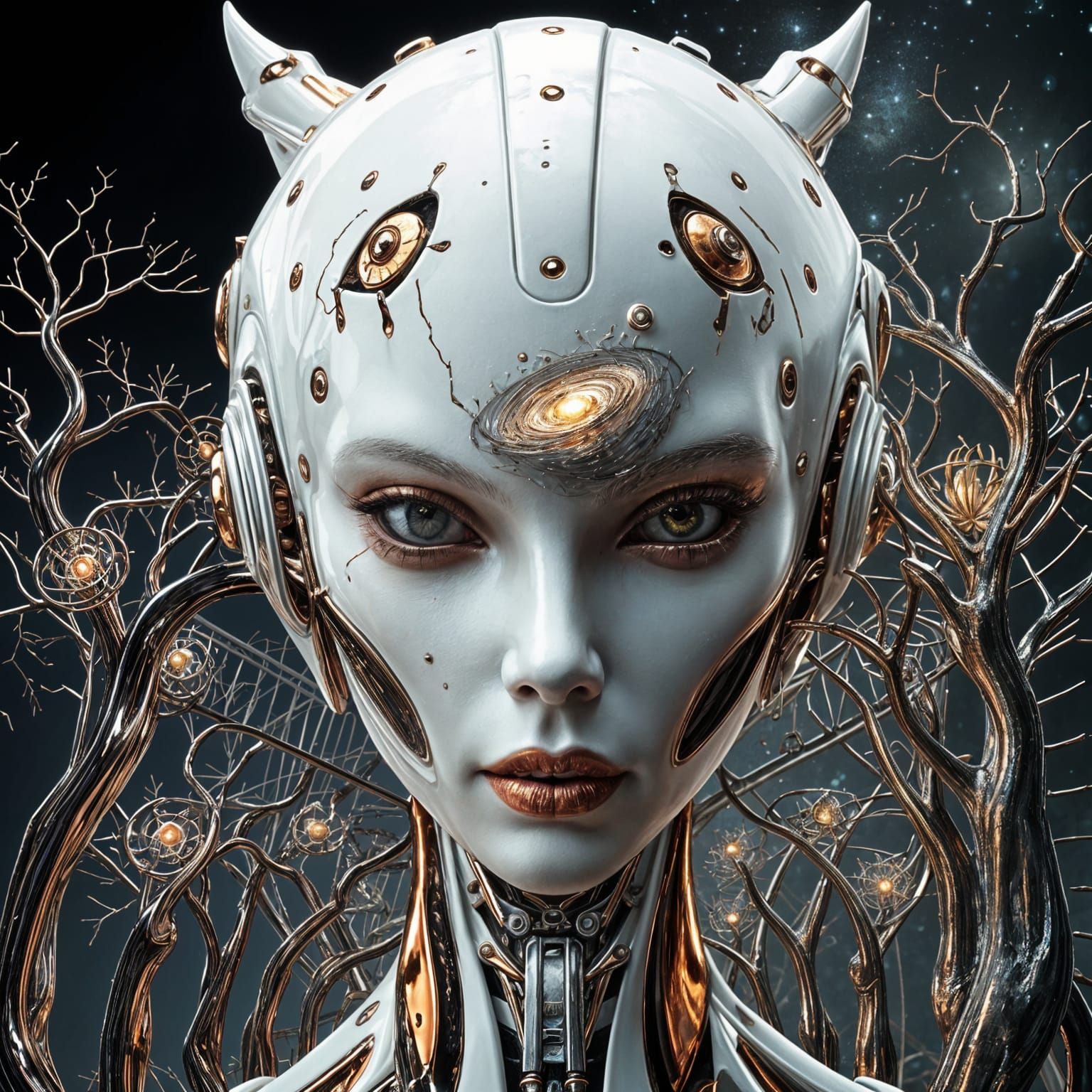 Gigeresque Metallic Goddess Amidst Cosmic Landscape