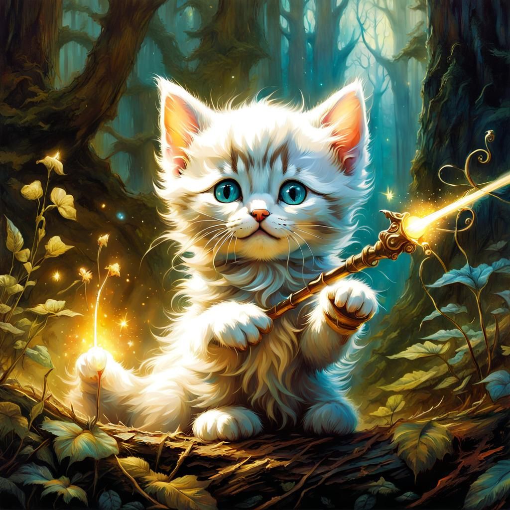 Enchanted Kitten Casting a Spell in Fantasy Forest