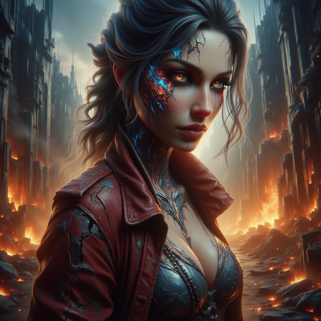 Victorious Pirate Queen Amidst Burning Ship