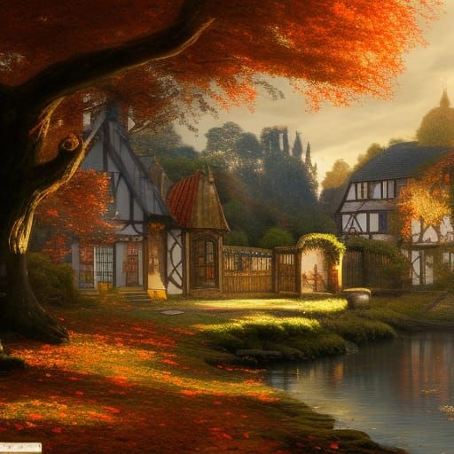 Victorian Village with Autumnal Foliage, Gothic Concept Art
