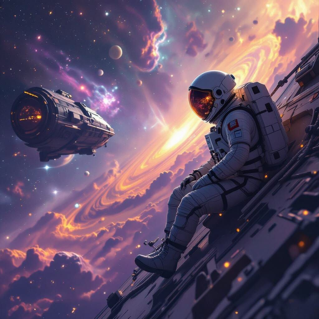 Astronaut Adrift Near Ancient Spaceship Amidst Colorful Nebu...