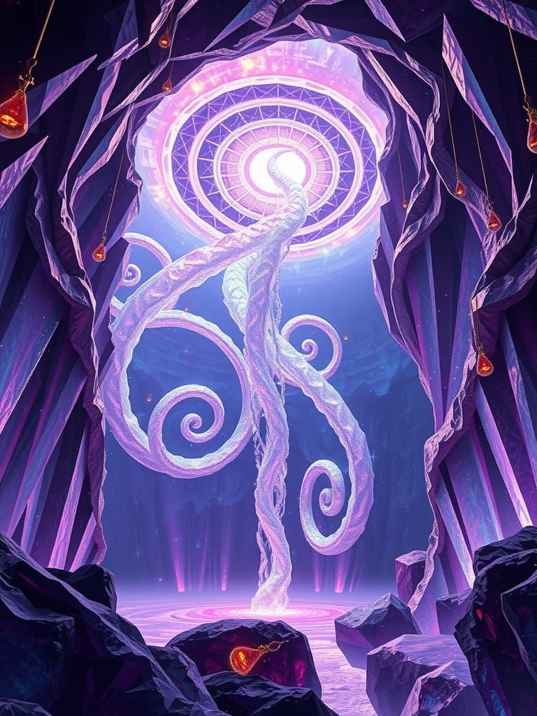 Crystalline Waterfall in Amethyst Cave: Digital Art