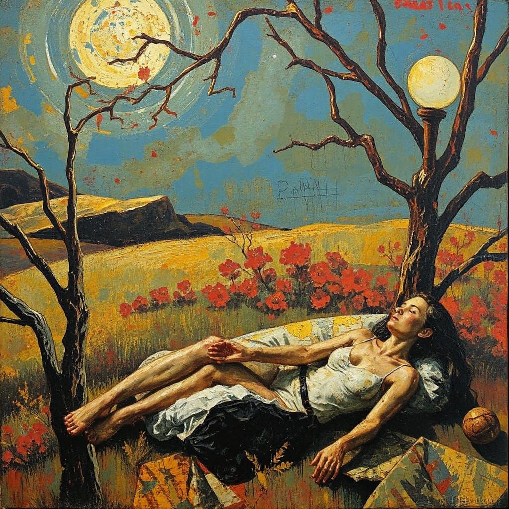 Surreal Landscape with Sunbather in Expressionist Impasto St...