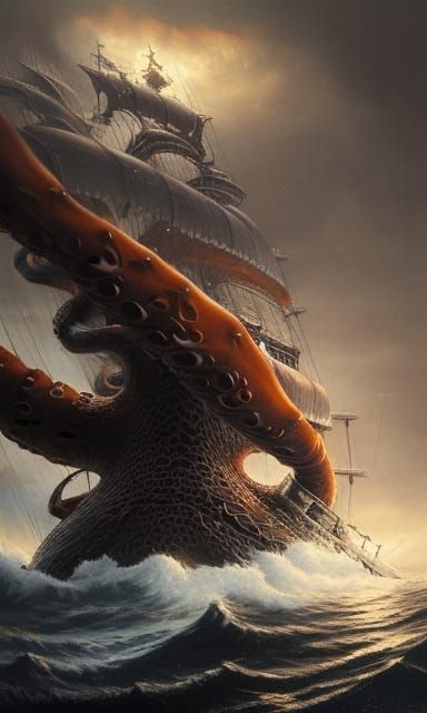 Giant Octopus Attacks Pirate Ship: Dark Fantasy Art