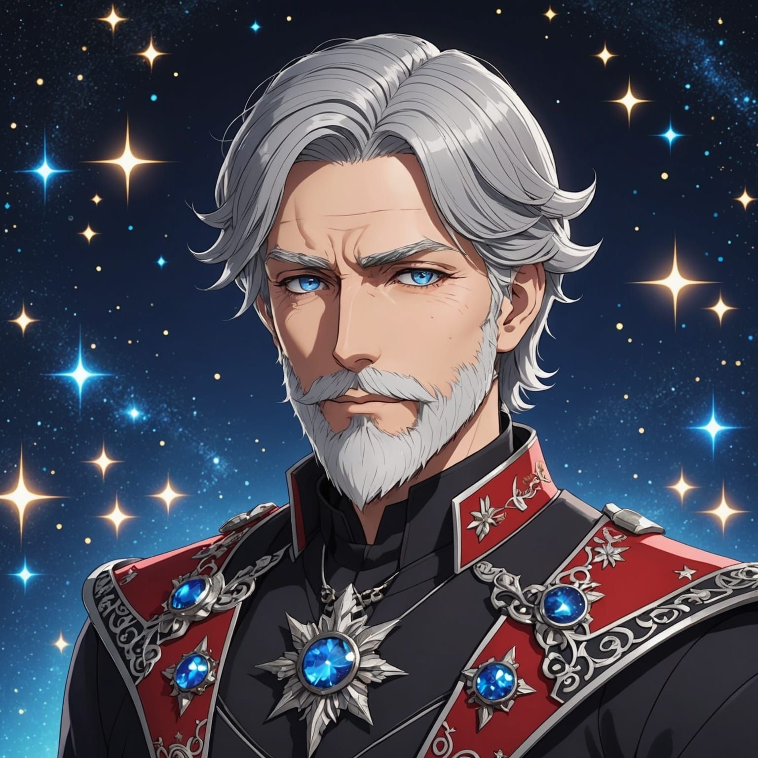 Anime Character with Floral Embroidery in Starry Sky