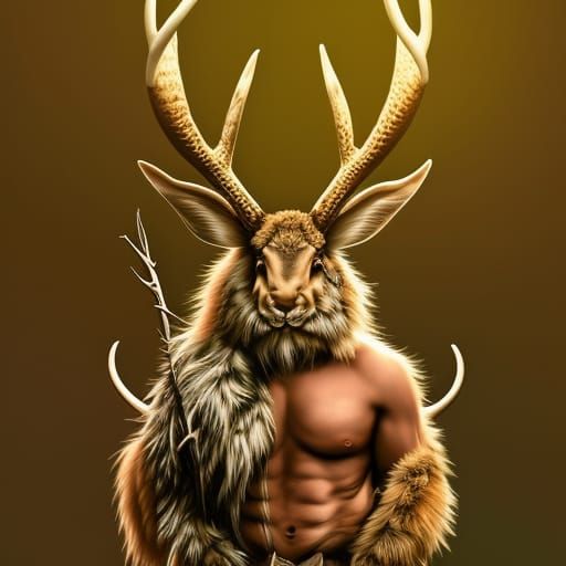 Furry Jackalope Chieftain in Forest, Detailed Matte Painting