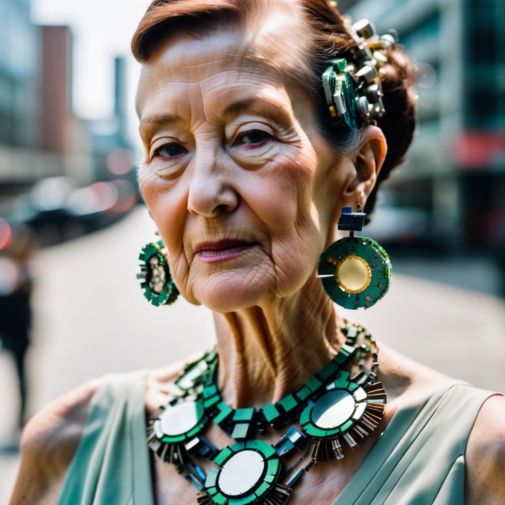 Woman's Motherboard and Pearl Necklace Portrait