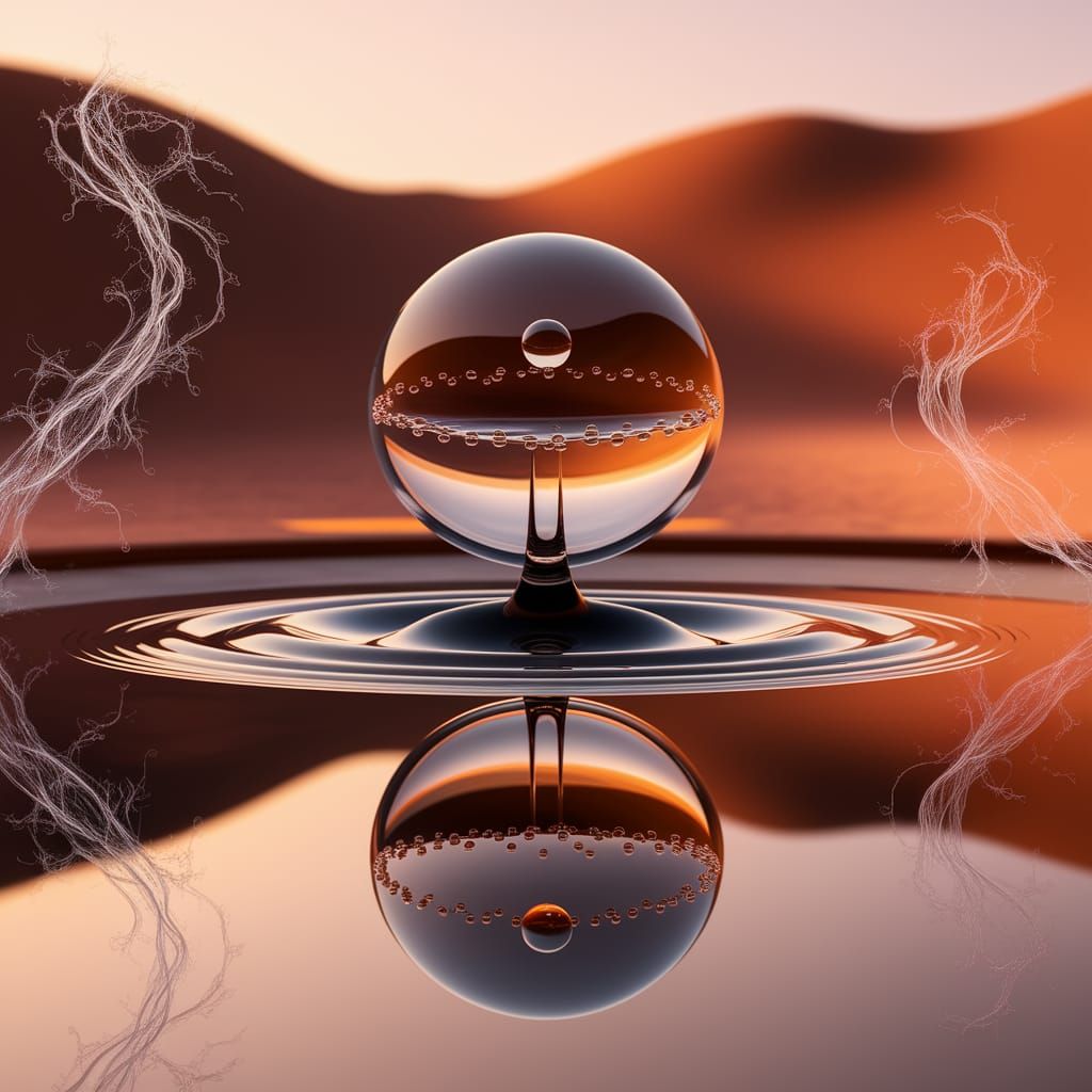 Floating Water Droplet in Golden Sunset Landscape